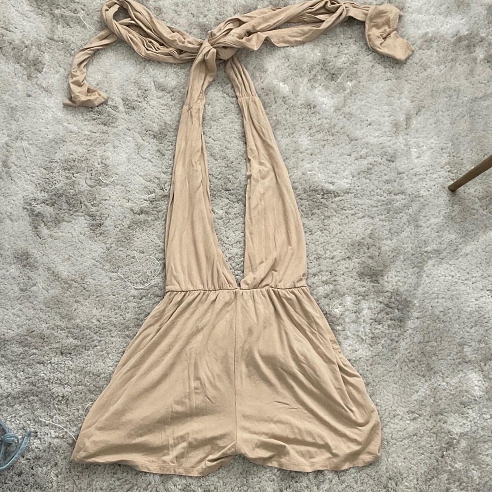 Low Cut, Open Back, Tan Halter Romper
